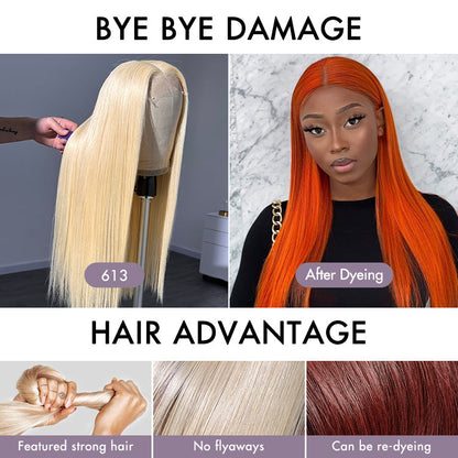 PreMax Wigs - 180% Density Easily Redyed 613 Silky Straight 5x5 Closure HD Lace Glueless Mid Part Long Wig Pre-cut & Plucked & Bleached