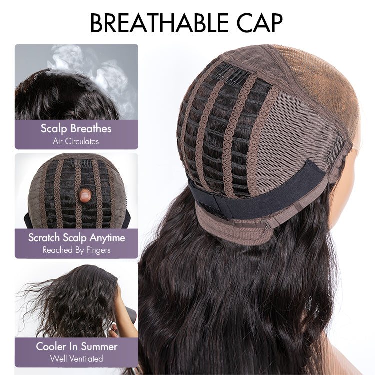 Breathable Cap Loose Wave 5x5 Closure Lace Glueless Human Hair Long Wig with Cute Bangs - US Only