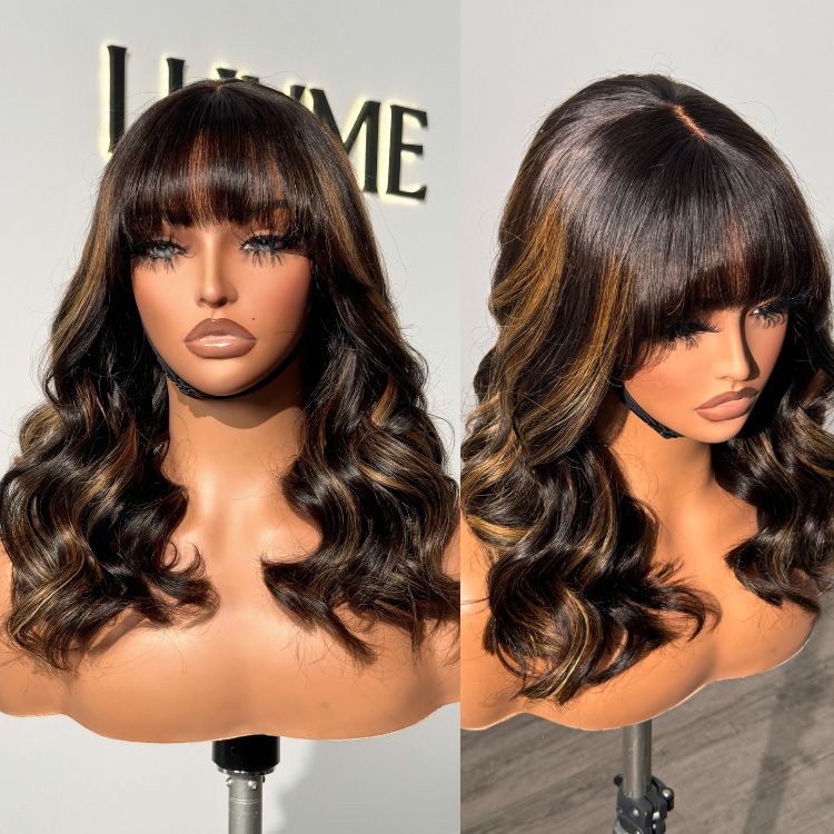True Scalp Blonde Highlight Loose Wave Glueless Minimalist Lace Wig with Bangs