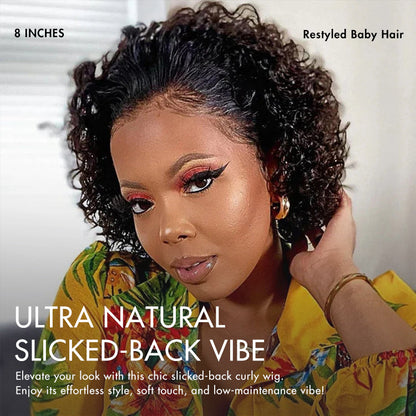 Brown Highlight / Jet Black Short Cut Slicked Back Curly Ear-to-ear Wide T Lace Wig