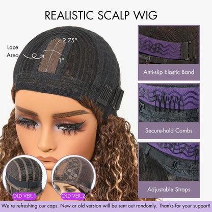Beginner Friendly Water Wave Minimalist Lace Glueless Short Curly Wig with Bangs