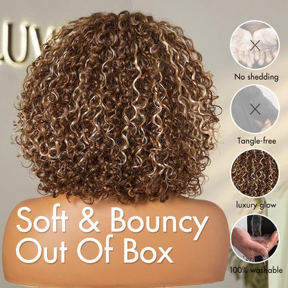 Beginner Friendly Ash Blonde Highlights Water Wave True Scalp Minimalist Lace Glueless Curly Wig with Bangs