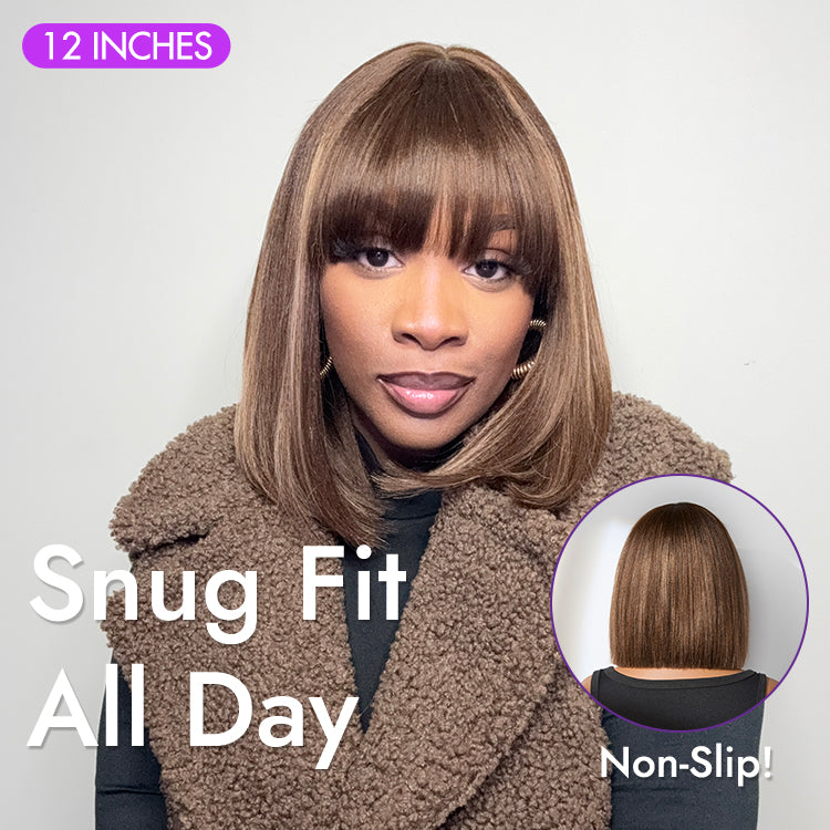 Ash Blonde Highlights with Dark Brown Base Yaki Blunt Cut Bob Wig with Bangs Glueless Minimalist Lace Short Wig
