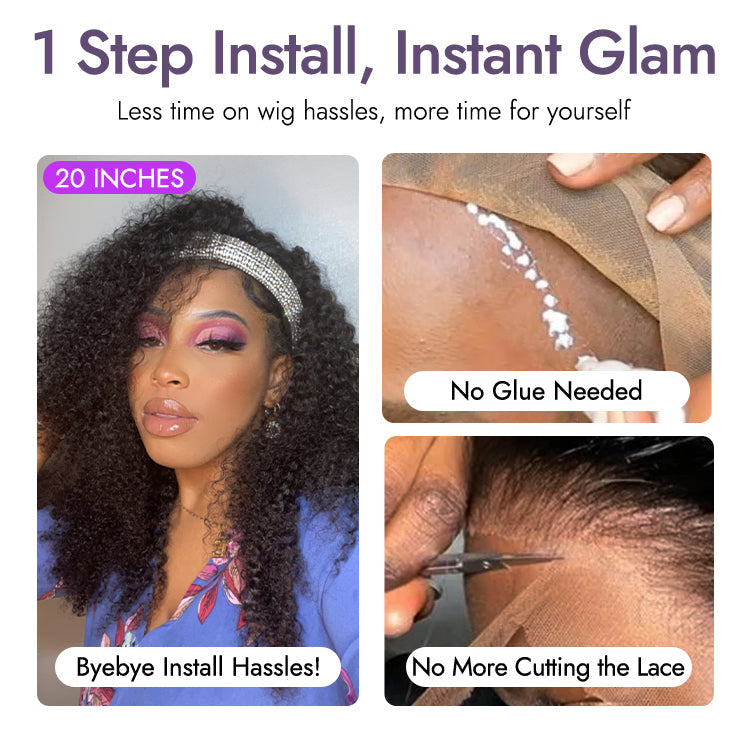 Natural Black Jerry Curly No Lace Glueless Free Part Long Headband Wig 100% Human Hair (Get Free Trendy Headbands)