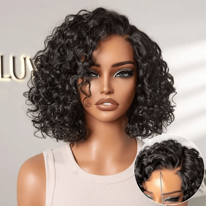 Ready to Go Blonde Highlight / Natural Black / Ombre Brown Water Wave Short Curly Bob Wig Glueless Minimalist HD Lace Wig Pre-Cut Lace