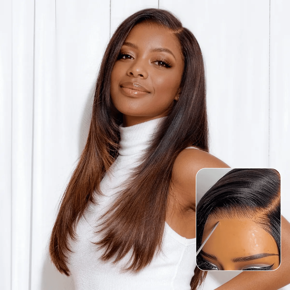 Luvme All-Day Comfort™ Wig 180% Density Ombre Brown Butterfly Cut Layered Light Yaki Straight Glueless 7x6 Closure HD Lace Human Hair Wig Pre-Cut Lace