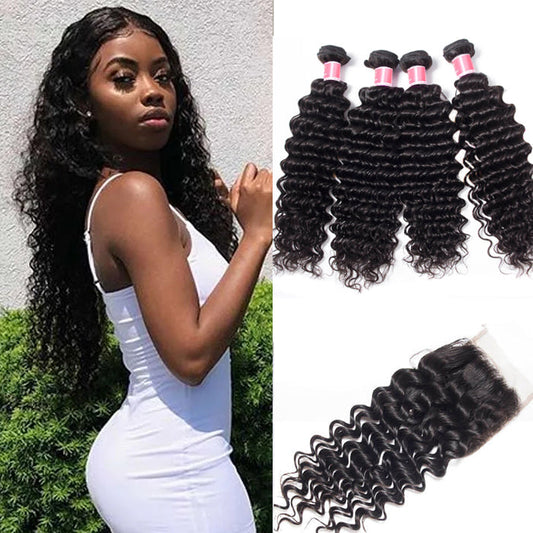 Malaysian Deep Wave 4 Bundles With 4x4 Lace Closure Human Hair Closure With Bundle Deals