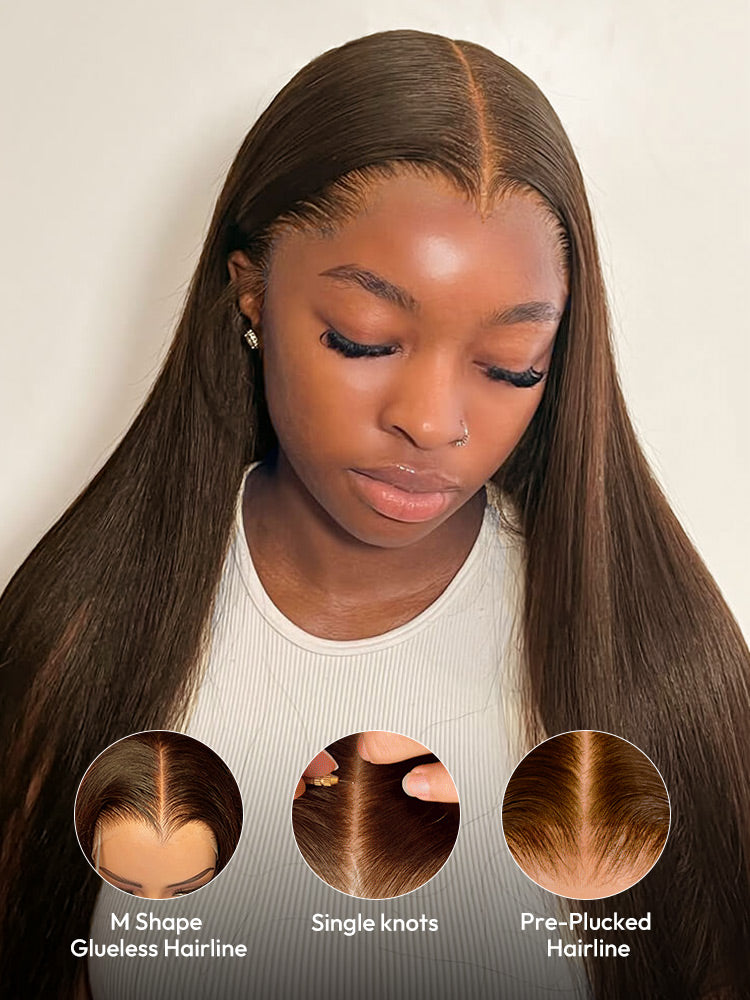 $175=22'' Dark Brown Straight Wig With M Hairline 6x8 Ready To Go Wig Hair