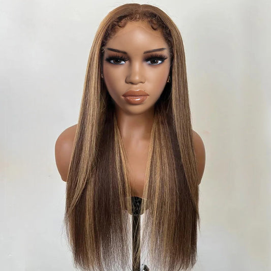 Pull Go Drawstring Wig Brown Highlight Straight Human Hair Glueless Wig with With 4c Curly Edges Hairline 13x4 13x6 Invisible HD Lace Front Wigs