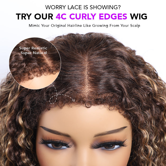 Brown Highlight Human Hair Curly Wigs with 4C Curly Edges Hairline Glueless 13x6 Full HD Lace Frontal Wig