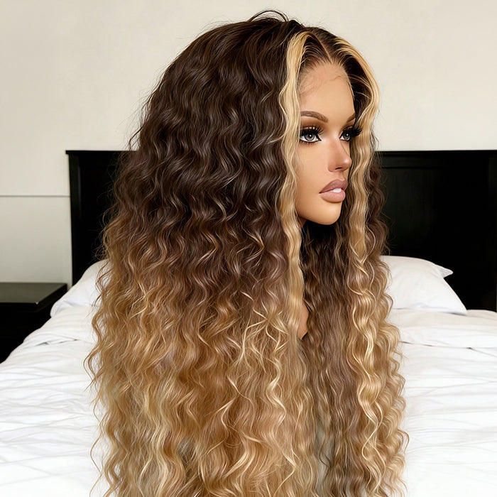 Ombre Brown To Blonde 220 Density Deep Wave Lace Front Wigs Pre plucked Highlight Glueless Human Hair Wigs For Women