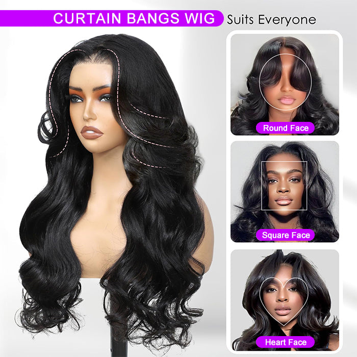 Free Auto-Curling Iron | Curtain Bangs Body Wave Glueless 8x5 HD Lace Wig 220% Density | Ship in 24H