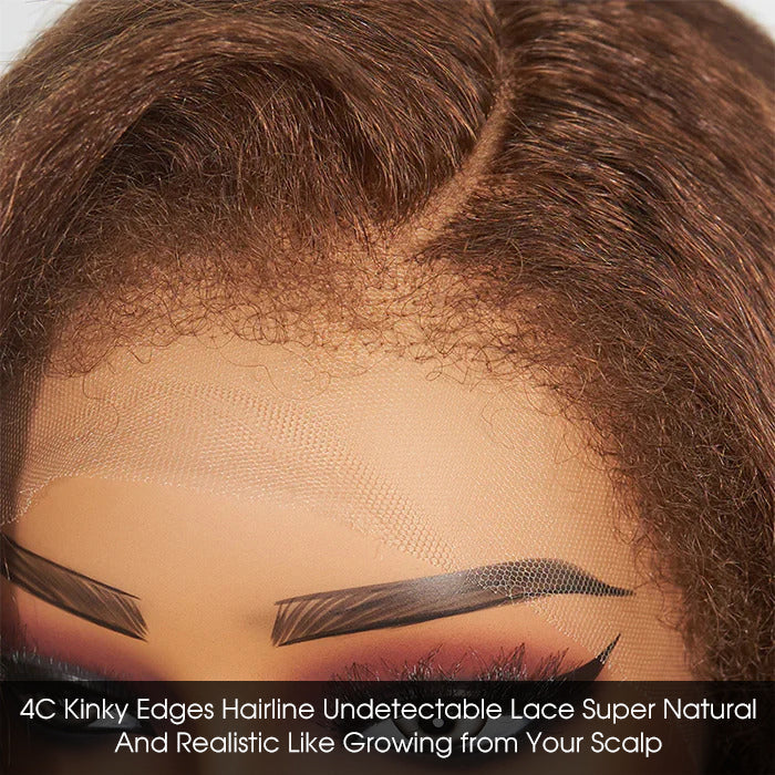 Glueless 4C Kinky Edges Hairline Kinky Straight Human Hair #30 Chestnut Brown Color 13x4/13x6 HD Transparent Lace Front Wigs