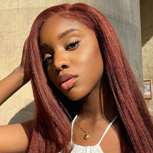 Glueless 4C Kinky Edges Wig #33 Reddish Brown Kinky Straight Human Hair Wigs For Black Women