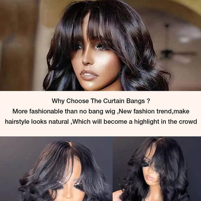 Curtain Bangs Body Wave Glueless 13x4 HD Lace Front Wig for Women 100% Human Hair Pre Plucked Pre Bleached