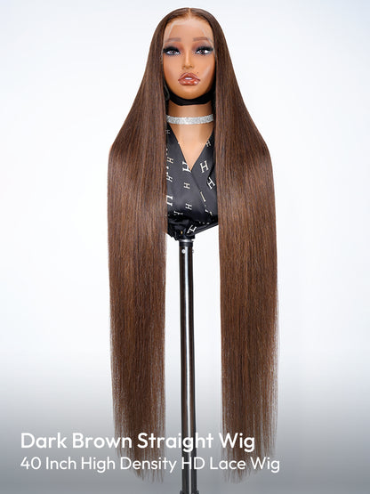 40 Inch Dark Brown Straight Long Wig 300% Density No Glue Need 13x6 HD Lace Human Hair Wig