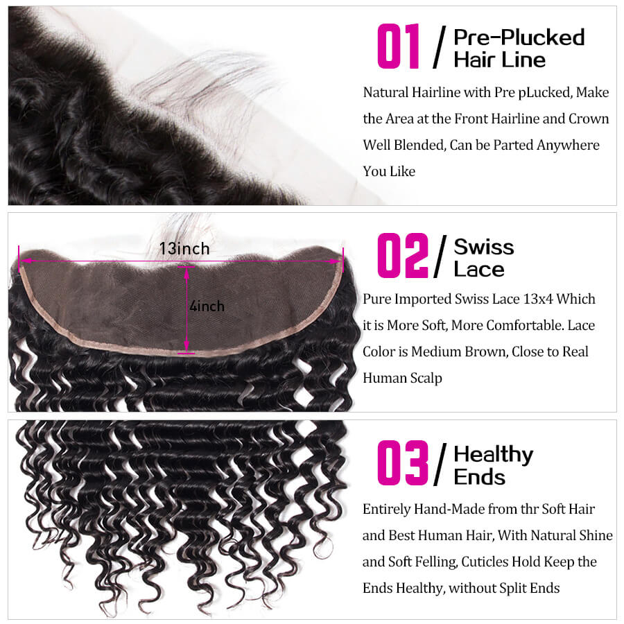 Malaysian Deep Wave 4 Bundles With 13X4 Ear To Ear Lace Frontal Natural Color