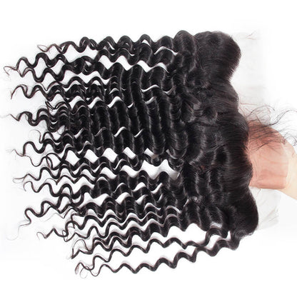 Malaysian Deep Wave 4 Bundles With 13X4 Ear To Ear Lace Frontal Natural Color