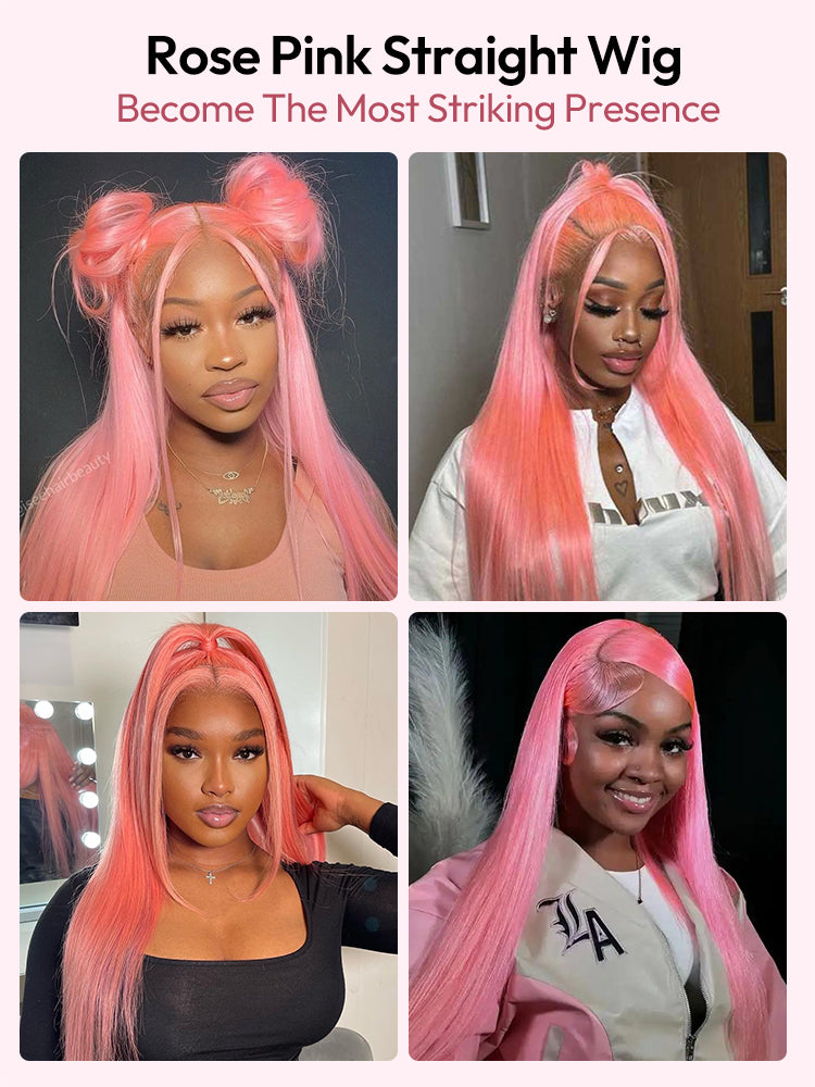 Rose Pink Wig Ready To Go Natural Light Pink Straight Hair Glueless 5*5 Lace Wigs