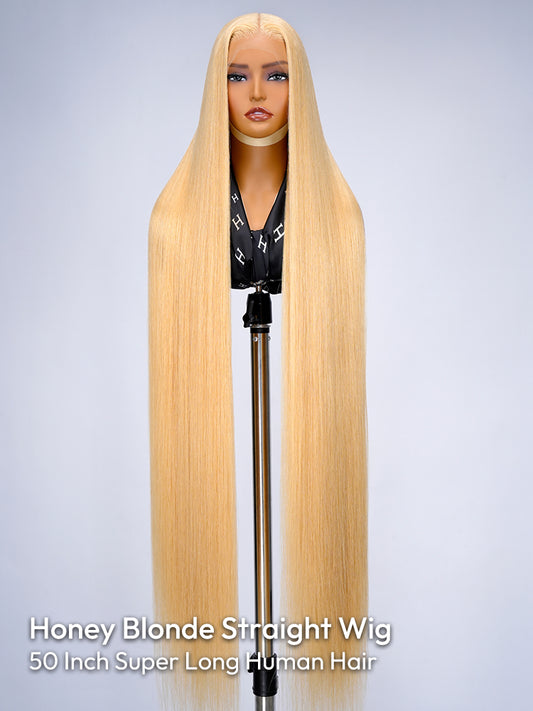 Honey Blonde 50 Inch Straight Long Wig 250% High Density 13x6 Undetectable HD Lace Human Hair Wig