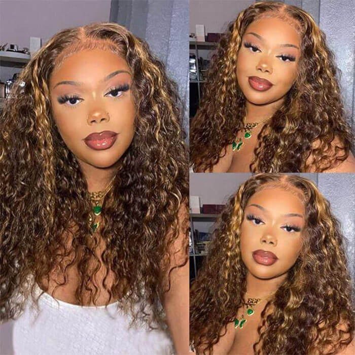Highlighted Deep Wave Wig #4/27 Ombre Colored Wig Brown Wig With Blonde Highlighted Lace Front Human Hair Wigs