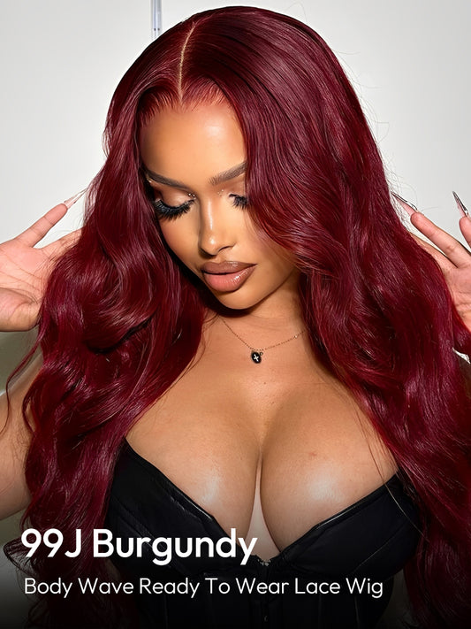 Glueless Ready To Go Wigs - 99J Burgundy Body Wave Lace Wigs On Dark Skin
