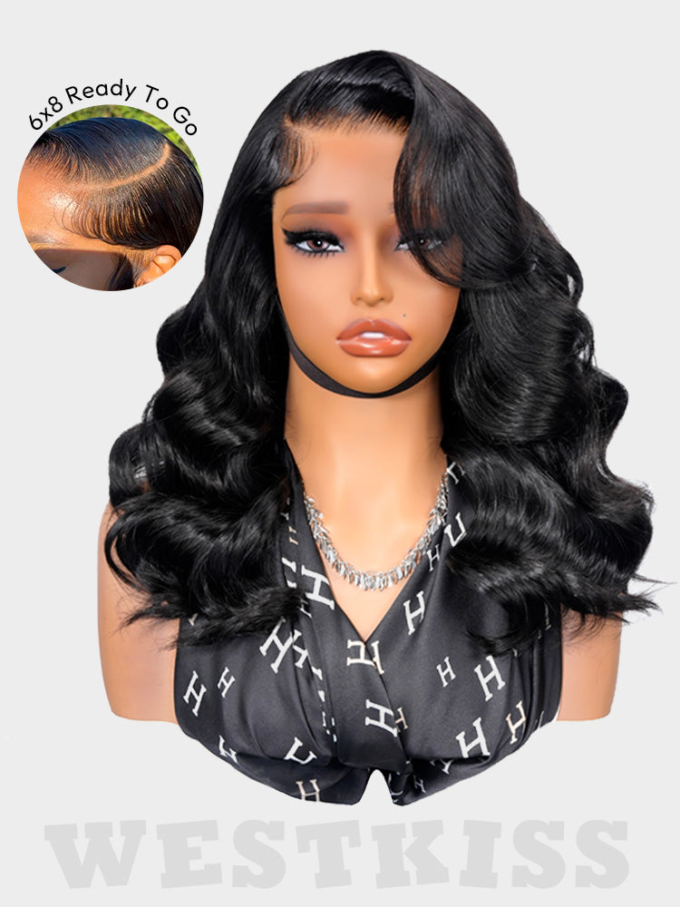 Voluminous 250% Density Side Part Body Wave Wig with Layer Cut 6x8 LY Transparent Lace Front & Pre Bleached Single Knots