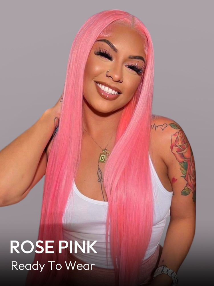 Rose Pink Wig Ready To Go Natural Light Pink Straight Hair Glueless 5*5 Lace Wigs