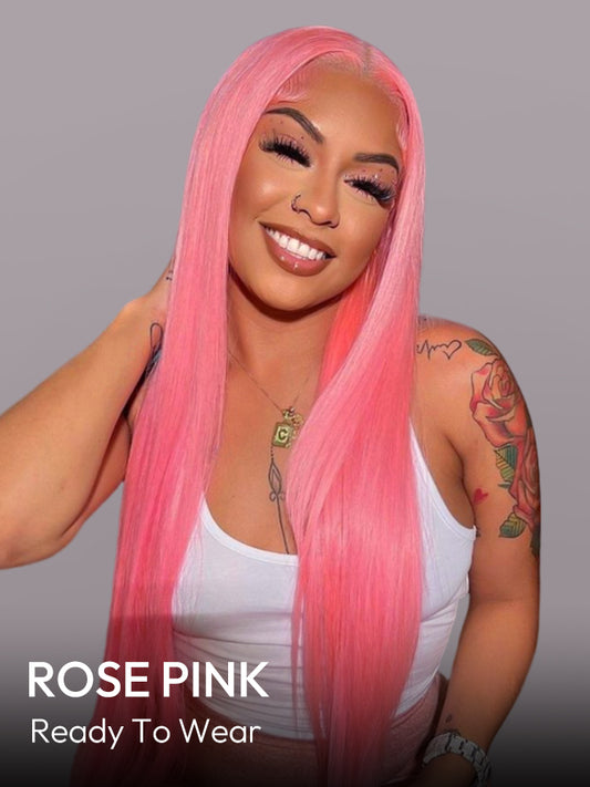 Rose Pink Wig Ready To Go Natural Light Pink Straight Hair Glueless 5*5 Lace Wigs