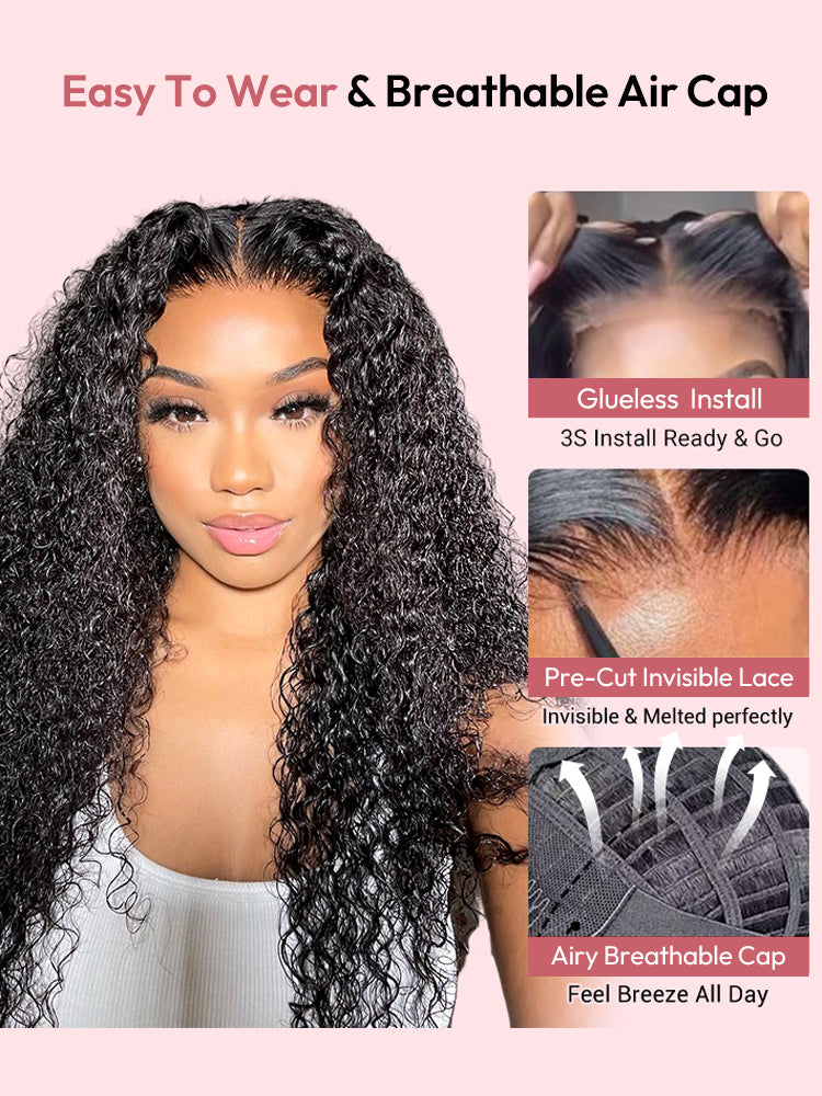 Easy to Wear Glueless Curly Human Hair Wigs Lace Closure Air Wig With Breathable Wig Cap