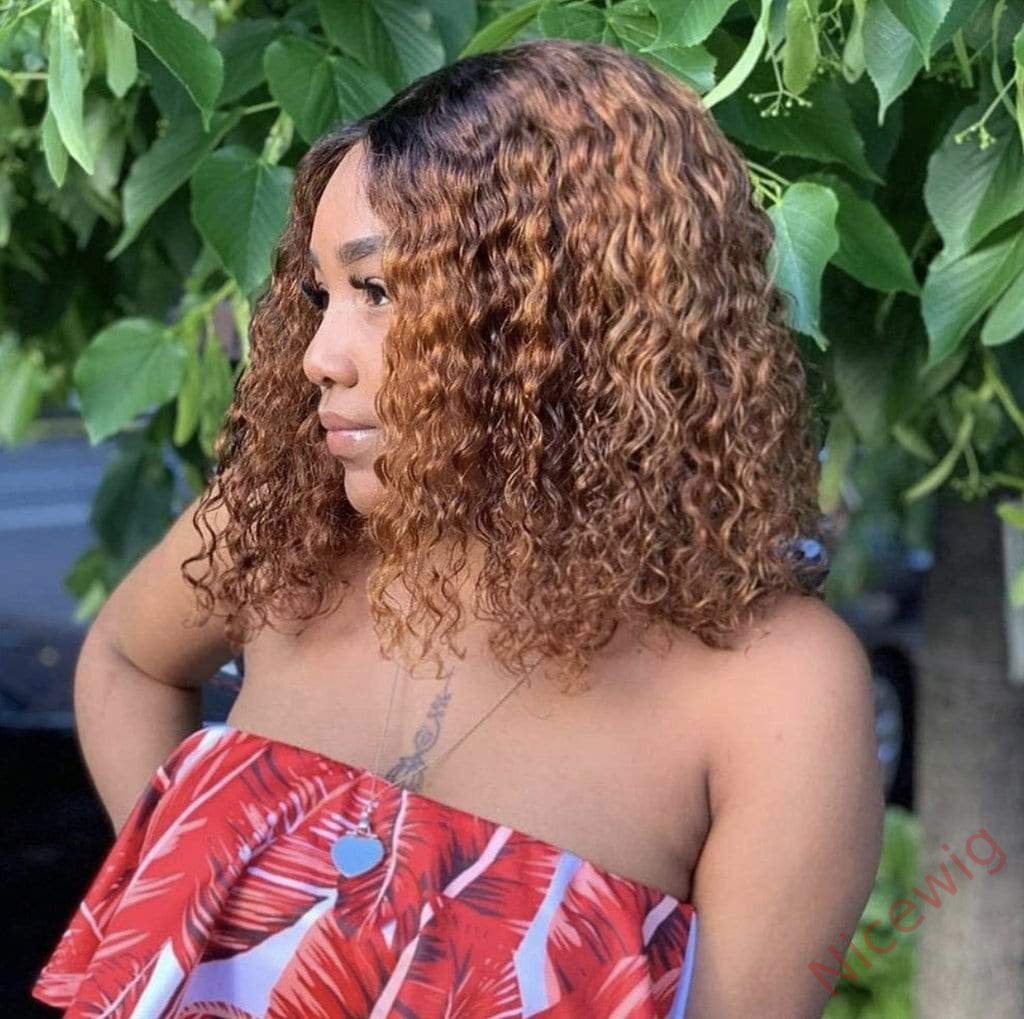 Black Gradient Light Brown Short Bob Centre Parting Curly Wig