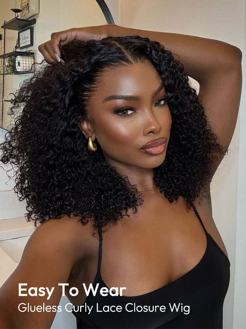 Easy to Wear Glueless Curly Human Hair Wigs Lace Closure Air Wig With Breathable Wig Cap